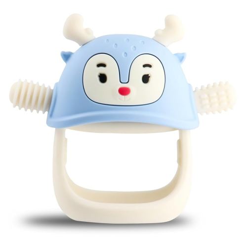 Smily Mia Reindeer Organic Baby Toys 0-6Months, Mitten for 3-6Months, Easy to Hold Stem with Chewing Nubs for Teething Pain Relief for 6-12Months Babies, Ocean Blue