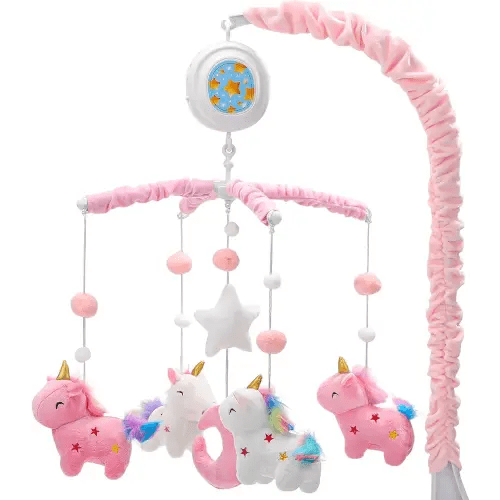 Unicorn Baby Crib Mobile with Music Box (100+ Lullabies), Rotating Plush Crib Toys for Newborns, Infant Girls, Baby Shower Gift