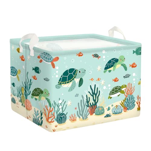 HUUMONSS Sea Animals Baby Laundry Hamper Collapsible Clothes Kids Storage Basket Large Boys Girls Gift Toy Box Bin for Nursery Room, Green Turtles, 36L