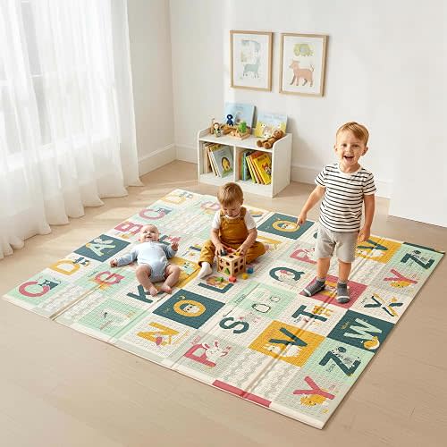 XPE Alphabet Foam Play Mat for Kids, 59 x 71 Inch Extra Large Foldable Floor Mat Ages 3+, Educational Playroom Mat with Travel Bag