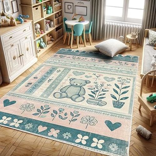 Ambesonne Bear Decorative Rug, Delicate Flowers Leaves and Hearts with Modern Style Stripes Cartoon Design, Quality Carpet for Bedroom Dorm and Living Room, 4' X 5' 5", Blush and Cadet Blue