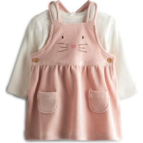 Long Sleeve Pointelle Knit Bodysuit & Bunny Corduroy Pinafore Dress Set, 0-3M