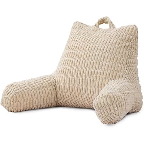 A Nice Night Reading Pillow Bed Wedge Large Adult Children Backrest with Arms Back Support for Sitting Up with Arms & Pockets & Washable Cover,Jacquard Corduroy Design,Cream