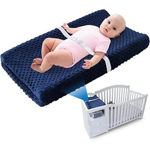 Compact Small Changing Pad with Cover - 27" X 16" Contoured Baby Diaper Changing Pad for Combo Crib with Changing Table-Waterproof & Hypoallergenic, Safety Strap with Quick-Release Buckle-Blue