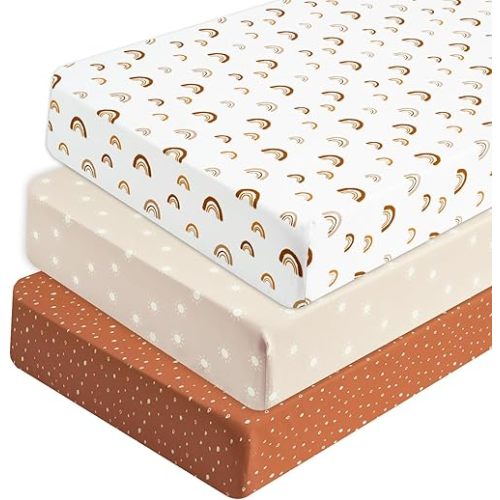 PHF 3 Pack Soft Rainbow Crib Sheets Fitted, Silky Comfy Breathable Baby Sheets for Boys Girls Neutral, 28x52 Inches Fits Standard Crib and Toddler Mattresses, Rainbow