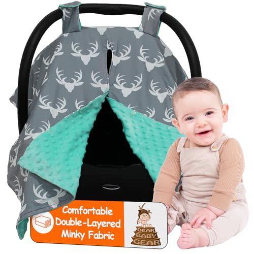 Dear Baby Gear - Baby Car Seat Canopy - Toddler Carrier Cover - Infant Car Seat Cover - Carseat Covers with Snap Opening - Carseat Canopies for Boys & Girls - 40x30 (Antlers on Gray, Mint Dot)