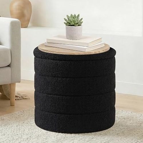 17" Round Storage Ottoman, Boucle Sherpa Ottoman with Tray