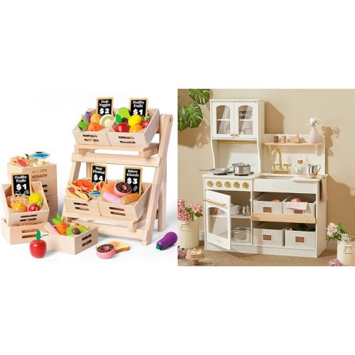 Tiny Land Wooden Play Kitchen with Toy Storage System & Wooden Play Food Sets Gift for Ages 3+