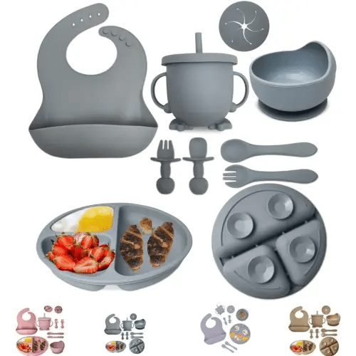 Baby Feeding Set 10-Piece | Baby Led Weaning Utensils Set Includes Suction Bowl and Plate, Baby Spoon and Fork, Sippy Cup with Straw and Lid | Baby Feeding Supplies Set (B-Blue)