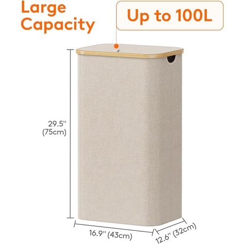 Lifewit 100L Laundry Basket with Lid, Clothes Hampers for Laundry with Bamboo Handles and A Removable Laundry Bag, Large Foldable Laundry Hamper for Bedroom, Bathroom, Dorm, Laundry Room, Beige