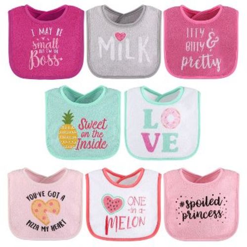The Peanutshell Terry Cotton Baby Bibs for Girls, 8-Pack, Pink/White
