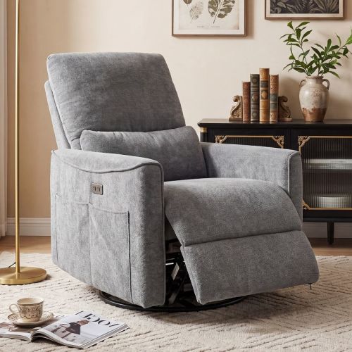 Dyonery Power Swivel Rocker Recliner, Fabric Glider Nursery Chair with USB Ports, Grey