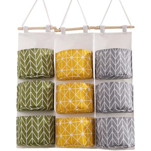 3Pcs Wall Hanging Storage Bag, Over The Door Closet Organizer Cotton Linen Fabric Hanging Pocket Organizer with 3 Big Pockets for Bedroom/Bathroom/Kitchen(yellow+green+grey)