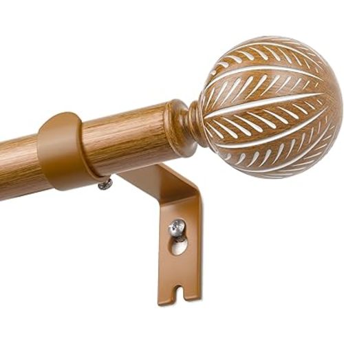 KAMANINA Wood Curtain Rods for Windows 48 to 84 Inch(4-7ft), 1 Inch Adjustable Drapery Rod, Decorative Heavy Duty Curtain Rods with Leaf Pattern Finials, Wood Grain