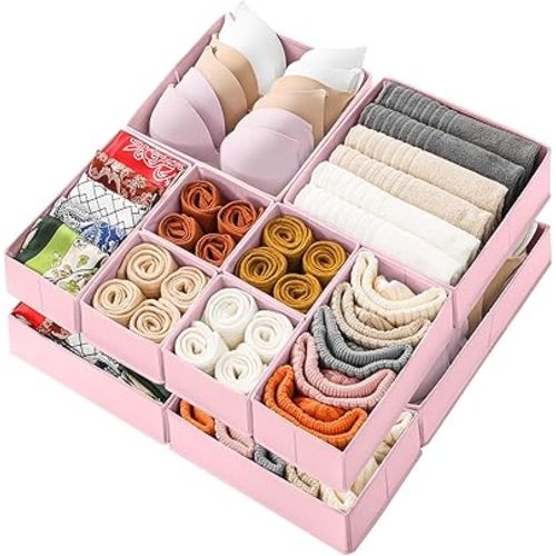 Stero 12 Pack Drawer Organizers for Clothing, Dresser Drawer Organizer Clothes, Fabric Foldable Closet Organizers and Storage Basket Bins for Clothes, Underwear, Bras, Socks (Pink)