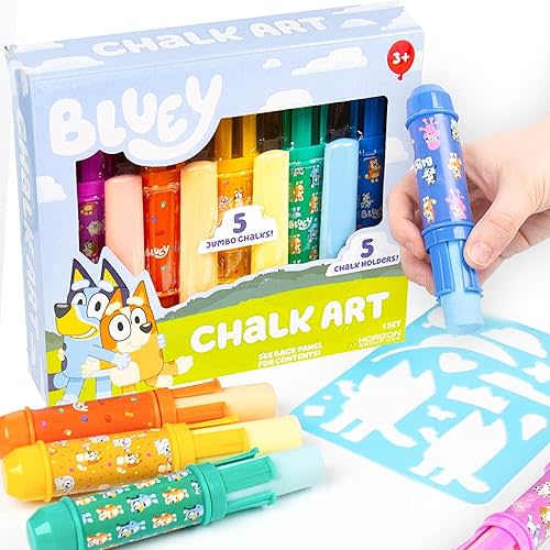 Official Bluey Chalk Art, 5-Pack, Sidewalk Chalk For Kids, Includes 5 Chalks, Chalk Holders & Stencil, Outside Toys for Toddlers 1-3, Bluey Birthday Party Supplies, Bluey Toys for Kids Age 3-6