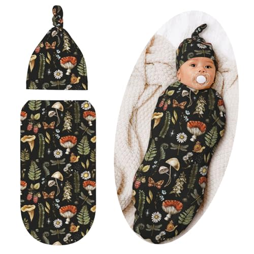 Qwalnely Mushroom Swaddle Blanket with Hat for Baby, Swaddling Sleeping Sacks Unisex Baby Items Stuff, Mushroom