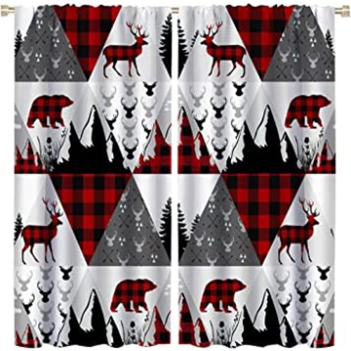 Plaid Bear Blackout Curtains, Rustic Red Black Buffalo Forest Deer Elk Christmas Decor Rod Pocket Thermal Insulated Drapes Darkening Window Curtain for Kid Child Bedroom Living Room 42 x 63 Inch
