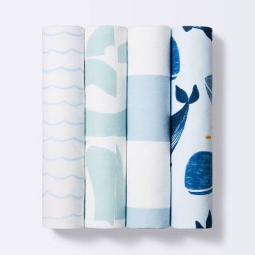 Flannel Baby Blanket Whales - White/blue - 4pk - Cloud Island™