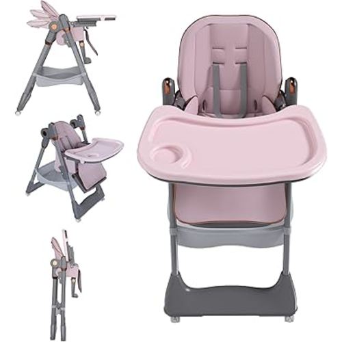 3-in-1 Foldable High Chair for Babies & Toddlers, Adjustable Height, Reclining Seat, Wheels with Safety Locks, Removable Tray, Space-Saving Multifunctional Baby Dining Chair (Pink)