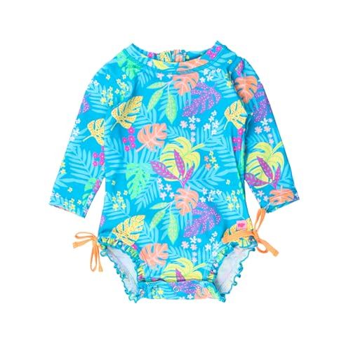 RuffleButts Baby Girls UPF 50+ Sun Protection Floral Printed Long Sleeve One Piece Rash Guard Swimsuit with Zipper