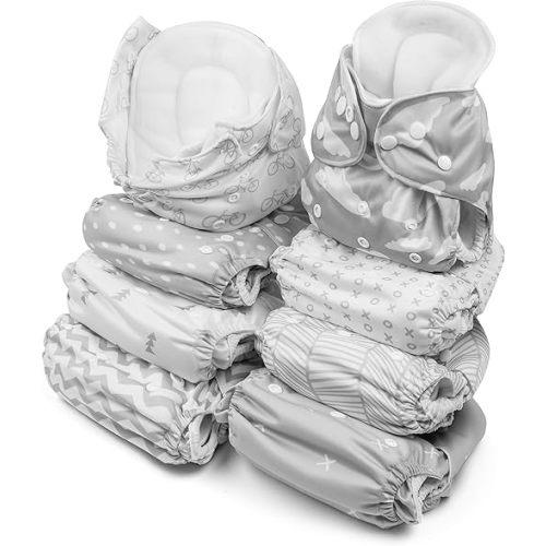 BaeBae Goods Adjustable Cloth Diapers for Boys and Girls – 8 Reusable Cloth Diapers for Babies with 8 Cloth Diaper Inserts (Grey Clouds)