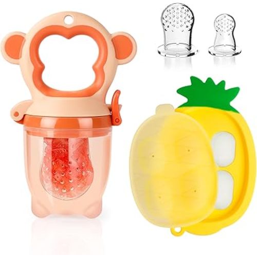 Baby Fruit Food Feeder - Silicone Nibble Tray Combo - Breastmilk Popsicle Mold for Cooling Relief, BPA Free Mesh Feeder for Infant Self Feeding (Monkey Orange + Pineapple)