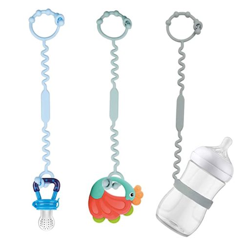 Toy Straps for Baby, Pacifier Holder Clip with self-Adjusting Bayonet, Pure Silicone Material Without BPA; Can be Used for teethers, Feeding Bottles, Toys, Baby Cribs, high Chairs(blue-3ps) - Blue&Grey+Sippy Cup Strap(Dark Grey)