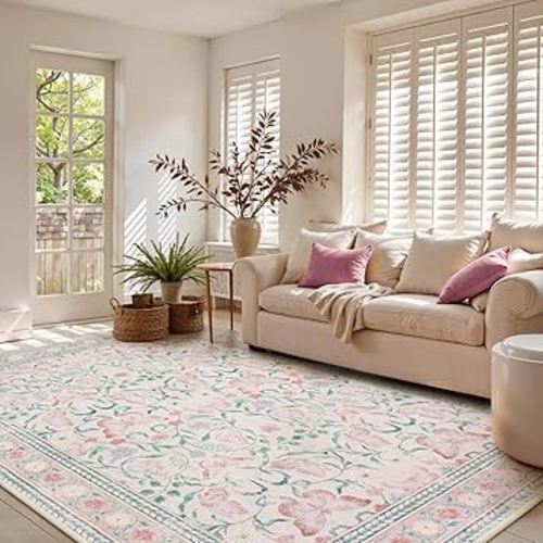 Beeiva Boho Bedroom Rug 8x10 Under Bed, Washable Rug 8x10 Large Rugs for Living Room Floral, Ultra-Thin Non-Slip Non Shedding Accent Carpet for Bedroom Dining Room Office (Pink,8'x10')
