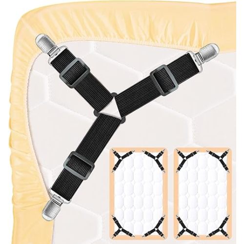 8PCS Fitted Sheet Clips - 2 Sets Bed Sheet Holder Straps with 3 Non-Slip Clips, Upgrade 3-Bands Mattress Clips for Sheets, Sturdy Mattress Sheet Straps, Fasteners, Mattress Holder Clips
