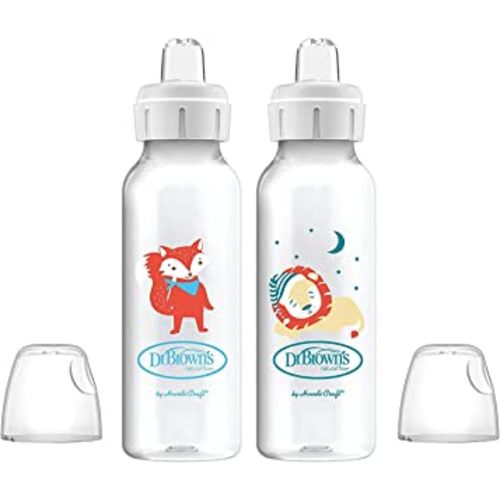 Dr. Brown's Milestones Narrow Sippy Bottle, 100% Silicone Soft Sippy Spout, 8oz/250mL, 6m+, Fox & Lion, 2 Pack