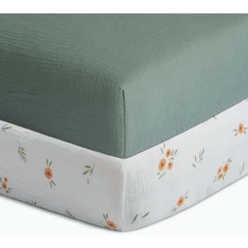 Meracorallo Muslin Fitted Crib Sheets, 2 Pack Soft Breathable Cotton Baby Crib Sheet, Neutral Crib Sheet for Baby Boys and Girls, Fits Standard Crib Mattress 28''x52'', Daisy & Roman Green