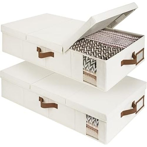 StorageWorks Under Bed Storage with Lid, Underbed Storage Containers with Handles, Underbed Organizer for Bedroom, Foldable Clothing Storage Bins, Box for Blankets, Large, Beige, 2-Pack