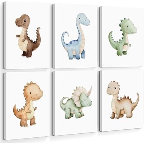 Dinosaur Nursery Wall Art Kids Canvas Poster Baby Boy Nursery Wall Decor Watercolor Dino Prints Toddler Pictures Cute Dinosaur Themed Artwork Painting for Boys Room Bedroom 12x16x6 Inch Ready to Hang
