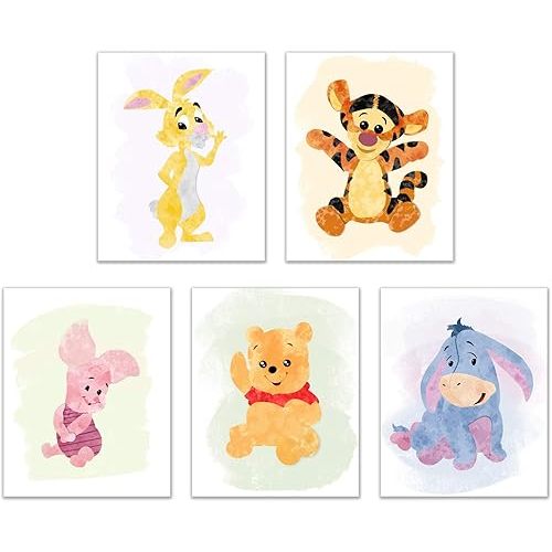 BigWig Prints Winnie the Pooh Nursery Decor - Watercolor Winnie the Pooh Wall Art, Baby Nursery Decor, Childrens Wall Art Poster Prints, Piglet Tigger Rabbit Eeyore Gifts - Unframed Set of 5 (8x10)