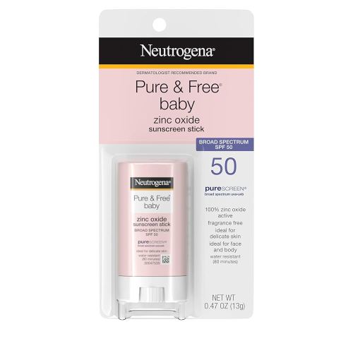Neutrogena Pure & Free Baby Mineral Sunscreen Stick with Broad Spectrum SPF 50 & Zinc Oxide, Water-Resistant, Hypoallergenic, Paraben-, Dye- & PABA-Free Baby Face & Body Sunscreen, 0.47 oz, 2 Pack