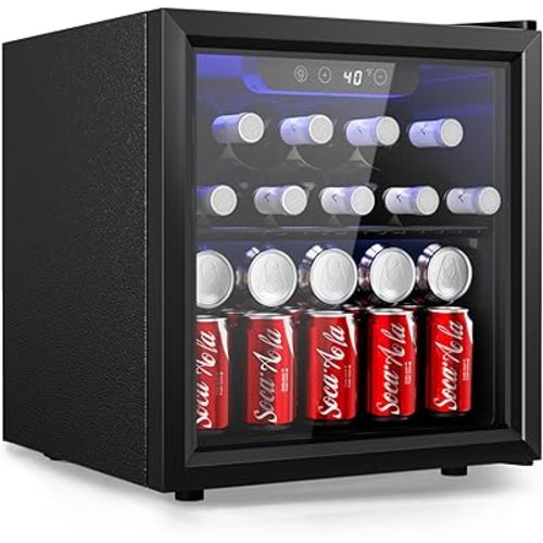 EUHOMY 48 Can Beverage Refrigerator cooler-Mini Fridge Glass Door for Beer Drinks Wines, Countertop Beverage Fridge with Adjustable Shelves Blue LED for Home/Office/Dorm/Bar, 1.3 cu.ft