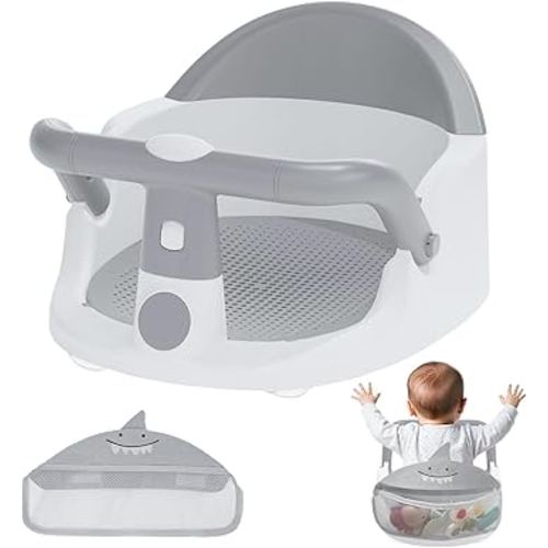 Baby Bath Seat - for Babies 6 Months & Up Sitting Up with Storage Bag + Mesh seat Cushion, Non-Slip Toddler Bath Seat for Baby, Sit Up Bath Seat for Baby, Grey