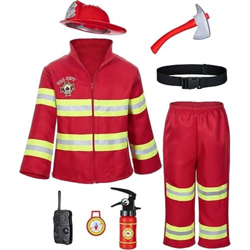 Kid's Fireman Firefighter Costume Toys with Complete Accessories for Boys and Girls Birthday Halloween Party Dress Up Red 2T 3T