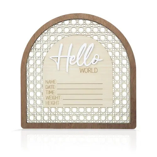 Baby Announcement Sign 6.5 Inch Wooden Hello World Newborn Welcome Sign Birth Baby Name Plaques for Photo Props Shower Hospital Nursery (Rattan)