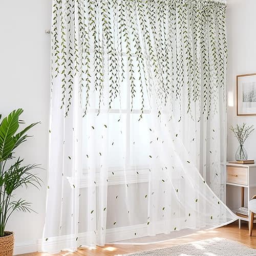 BROSHAN Embroidered Leaf Sheer Bedroom Curtains 96 Inches Long 2 Panel Sets,Refreshing Green Vine Leaves Patterned Tulle Curtains White See Through Window Curtain Drapes for Living Room