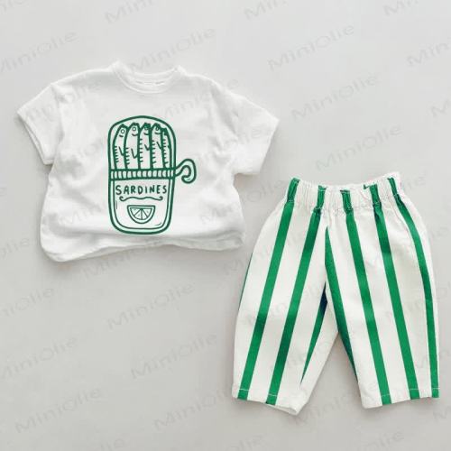 SARDINES Baby Canned Sardines Green Vertical Striped 2-piece Set