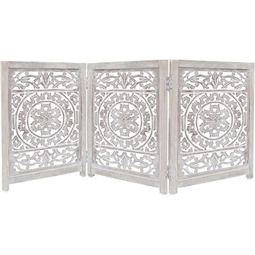 Wooden Foldable Pet Dog Safety Gate - 3 Panel 20" W x 24" H - Hand Carved Suzani Free Standing Portable Indoor Puppy Gate - Doorway Hall Stairs Dog Fence - Assembled - White Wash - IRONGATE