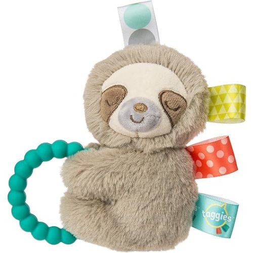 Taggies Sensory Stuffed Animal Soft Rattle with Teether Ring, Molasses Sloth
