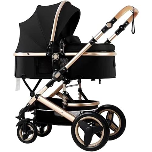 Luxury Baby Stroller 2 in 1 with Bassinet Mode Foldable Infant Stroller High Landscape Reversible Stroller Travel Pram Baby Carriage (Black)