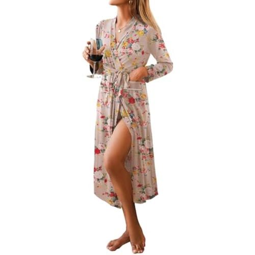 Ekouaer Women Kimono Robes Full Length Knit Bathrobe Lightweight Soft Sleepwear V-neck Casual Ladies Loungewear S-XXL
