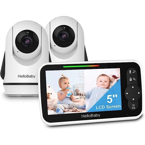 HelloBaby Video Baby Monitor with 2 Cameras and 5 Inch Split Screen Display, Remote Control Cameras with Night Vision and Temprature Monitoring