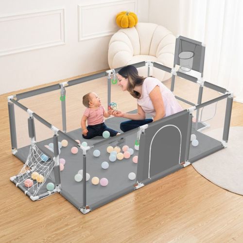 GOTGELIF 71"x48" 4-Panel Baby Playpen Portable Playard with Basketball Hoop Gray
