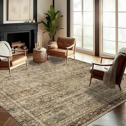 5x7 Washable Area Rug Vintage Brown Traditional Floor Cover Foldable Thin Rug Kitchen Accent Rug Indoor Distressed Non Slip Carpet Floral Print Mat Bedroom Living Room Bathroom