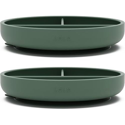 Lalo Suction Plates - 2 Pack, 100% Silicone Non-Toxic BPA-Free Baby Plates with Suction Base To Prevent Accidental Tip-Overs - Suction Plates for Toddlers With Three Divided Sections - Olive